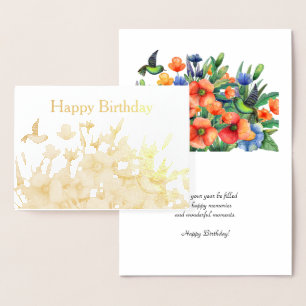 Carte Dorée Orange Fleurs Colibri Anniversaire Or