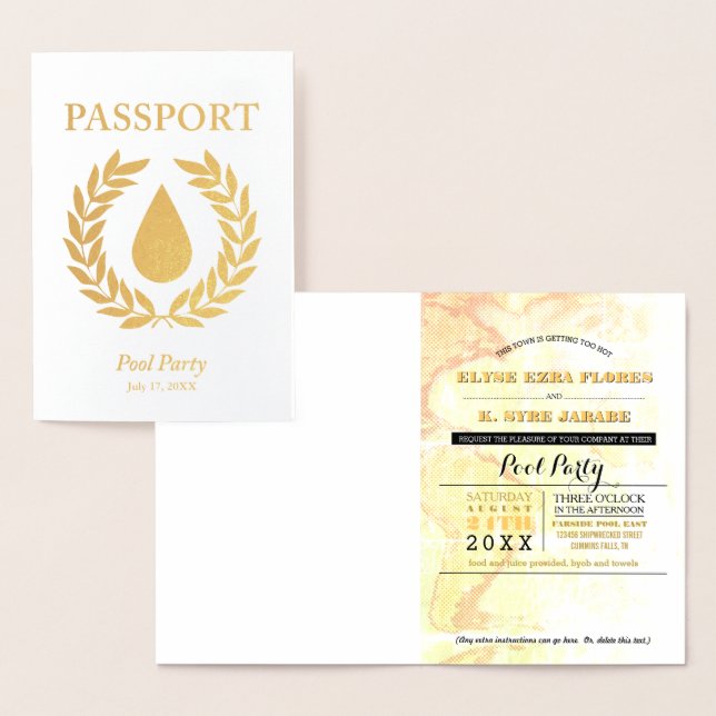 Carte Dorée Passeport Gold Foil Pool Party (Affichage)