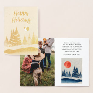 Carte Dorée Paysage hivernal forêt lune bleu marine photo