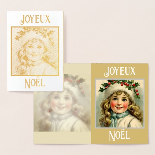 Carte Dorée Petite fille vintage avec mistletoe (Affichage)