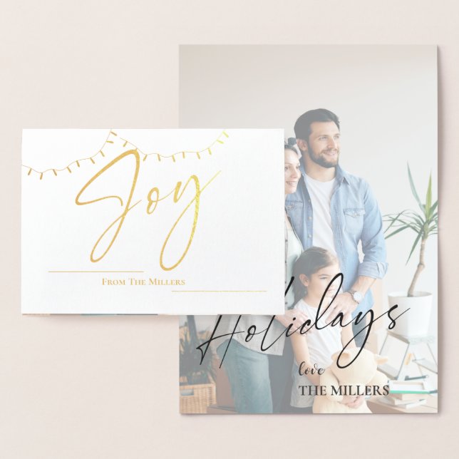 Carte Dorée Photo Cute Joy Nom de famille String Light Christm (Affichage)
