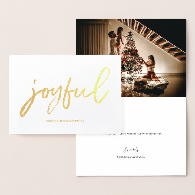 Carte Dorée Photo de famille de Noël avec écriture joyeuse per (Affichage)