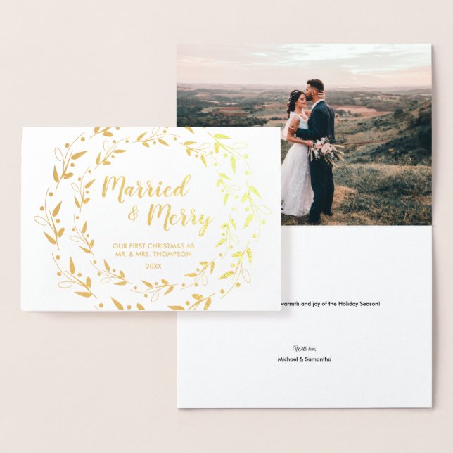 Carte Dorée Photo de Mariage de Noël Marié et Joyeux (Affichage)