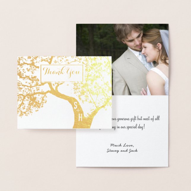 Carte Dorée Photo Initiales Gold Foil Arbre Mariage Merci (Affichage)