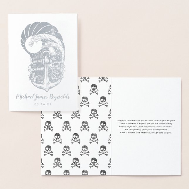 Carte Dorée Pirate Nautique | Monogramme de crâne d'ancre océa (Affichage)