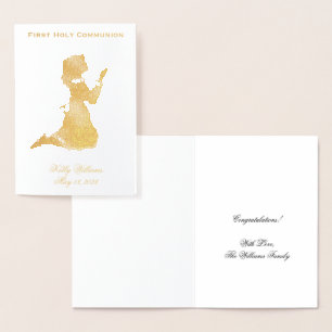 Carte Dorée Première Sainte Communion priant fille or Élégant