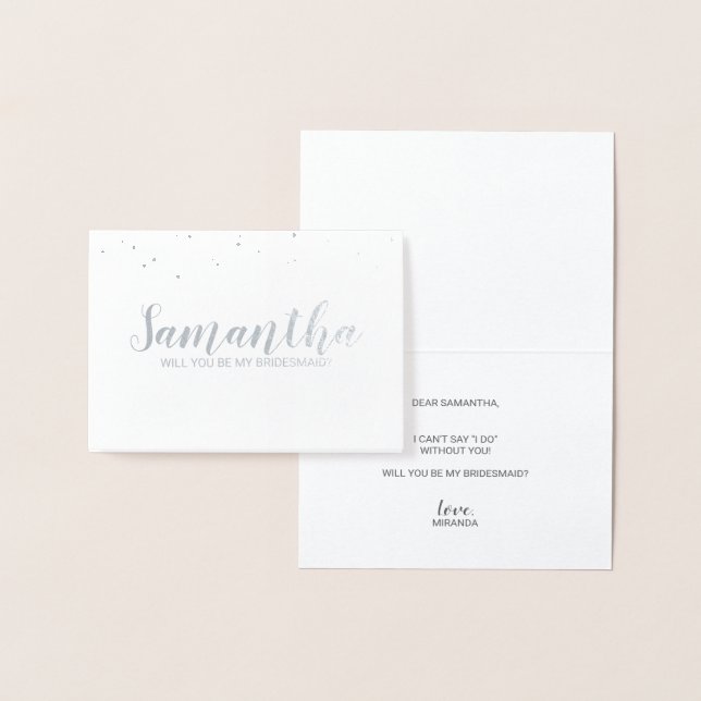 Carte Dorée Proposition Bridesmaid | Elégant Argent Confetti (Affichage)