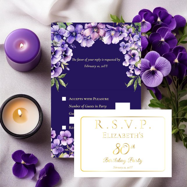 Carte Dorée Réponse RSVP pour 80e anniversaire aux élégantes v (Elegant Purple Violets Floral 80th Birthday Party RSVP Foil Invitation Folded Insert Enclosure Card)