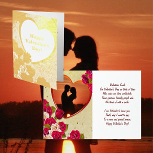 Carte Dorée Rose et cadre cardiaque Saint Valentin et citation