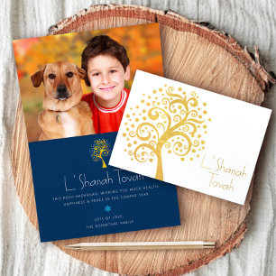 Carte Dorée Rosh Hashanah Navy Arbre de vie Photo Real Gold