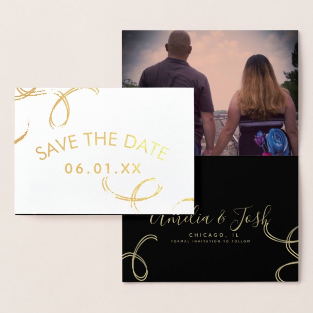 Carte Dorée Script Enregistrer la Date Photo Faux Tourbillon   (Affichage)