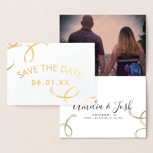 Carte Dorée Script Enregistrer la Date Photo Faux Tourbillon N (Affichage)