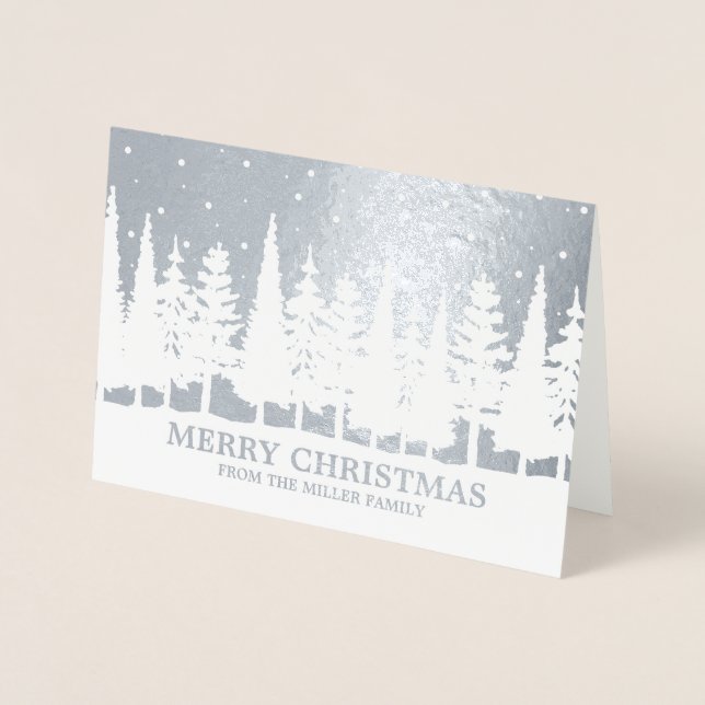 Carte Dorée Silver Foil Joyeux Noël Snowy Trees Custom (Devant)