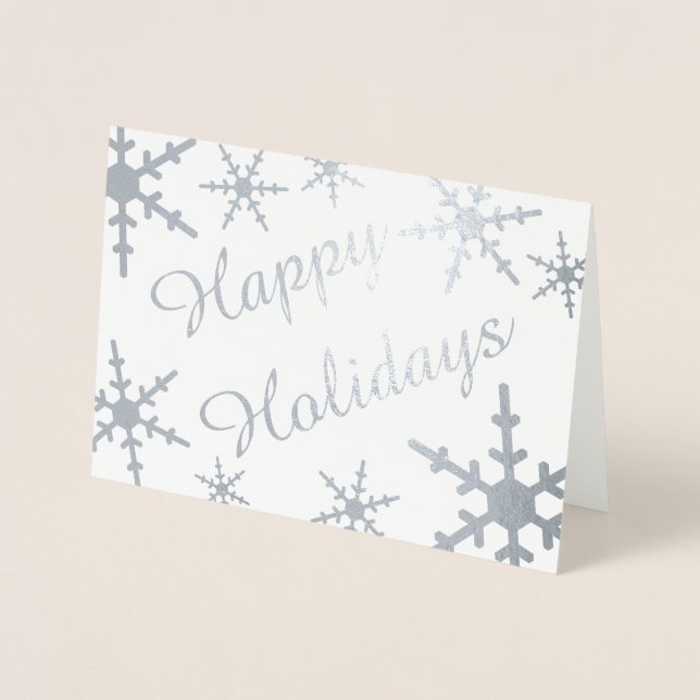 Carte Dorée Silver Happy Holidays Script Snowflakes (Devant)