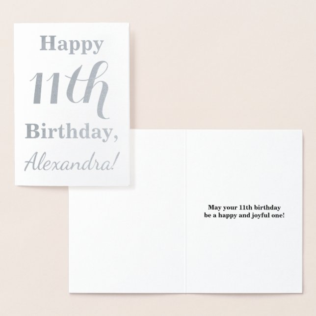 Carte Dorée Simple Argent Foil 11e anniversaire + Nom personna (Affichage)
