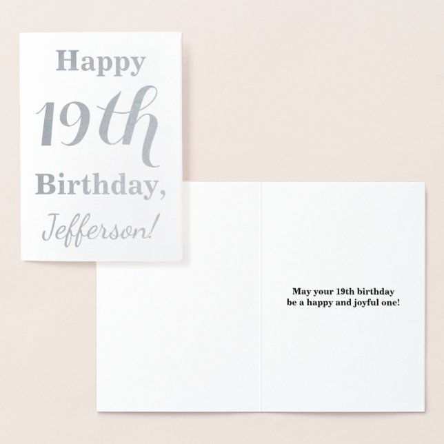 Carte Dorée Simple Argent Foil 19e anniversaire + Nom personna (Affichage)