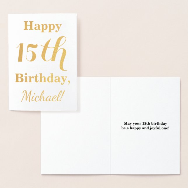 Carte Dorée Simple Gold Foil 15e anniversaire + Nom personnali (Affichage)