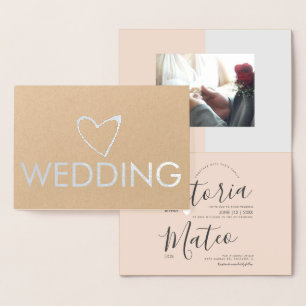 Carte Dorée Simple Heart Script Typographie Rose Gris Mariage
