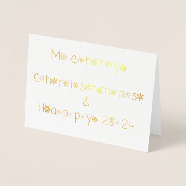 Carte Dorée Snowflakes Typographie Joyeux Noël Joyeux 2024 (Devant)