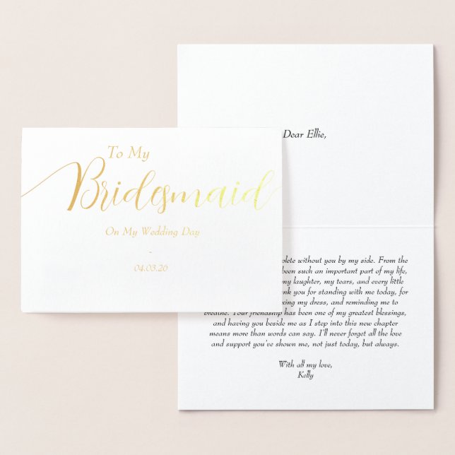 Carte Dorée To My Bridesmaid on My Wedding Day Gold (Affichage)