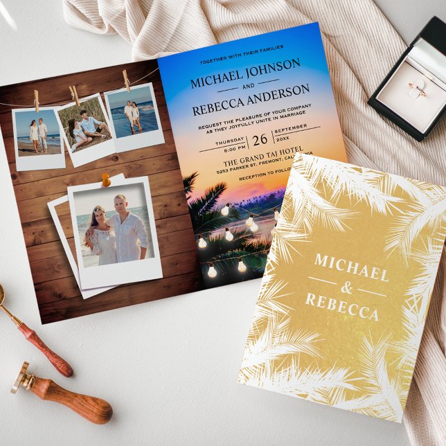 Carte Dorée Tropical Beach Sunset Photo Collage Mariage Invite (Créateur téléchargé)
