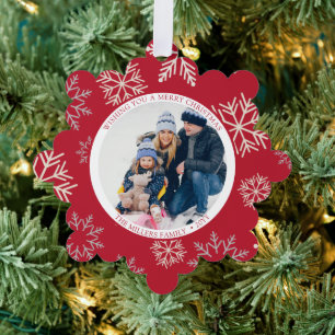 Carte d'ornement photo rouge des flocons de neige 