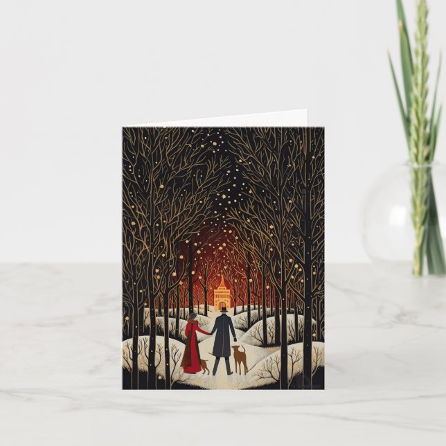 Carte double vintage gouache couple d'hiver et égl (Devant)