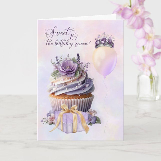 Carte Douce 16 ans, la Reine d'anniversaire Cupcake Viol (Orchidée)