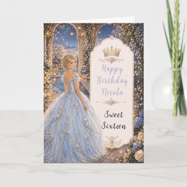 Carte Douce 16 Princesse Jardin Bleu Poudre (Devant)