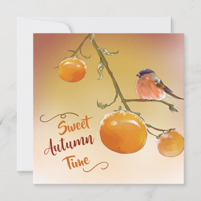 Carte Douce Automne Mignonne Fruits de Kaki Orange & Ois (Devant)