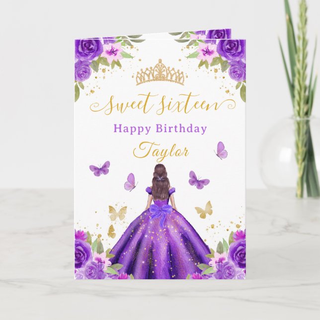 Carte Douce Fille Violette Princesse Brune de 16 Ans (Devant)