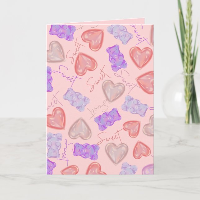 Carte Douce Ourson Rose Violet & Motif de Coeur (Devant)