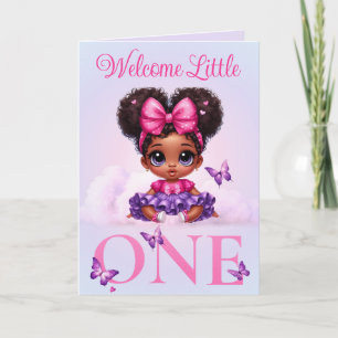 Carte Douce petite fille afro aux papillons pastel Bienv