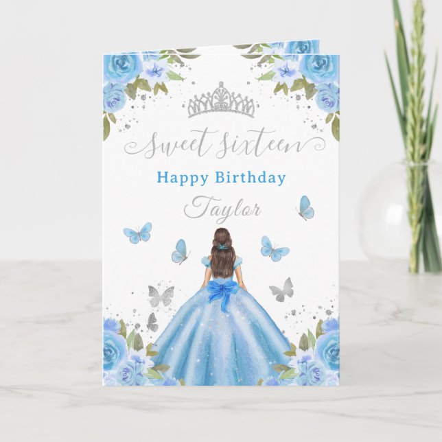 Carte Douce Princesse Brune Fille de 16 Ans Bleu (Devant)