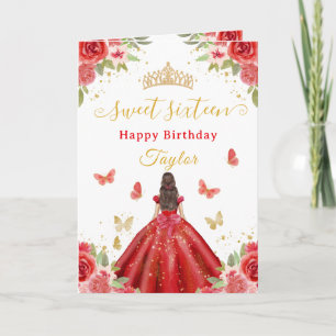 Carte Douce Princesse Brunette de 16 ans en Rouge