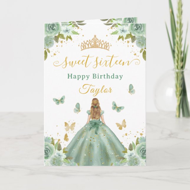 Carte Douce Princesse Verte Blonde de 16 ans (Devant)