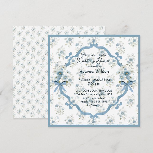 Carte Douche de Mariage en Floral Bleu (Devant / Derrière)