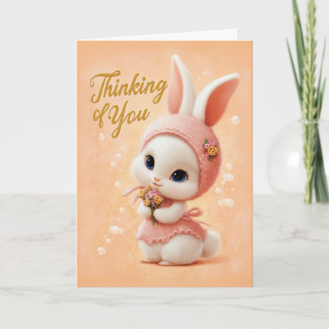 Carte Doux bébé lapin en robe pêche pensant à vous (Devant)