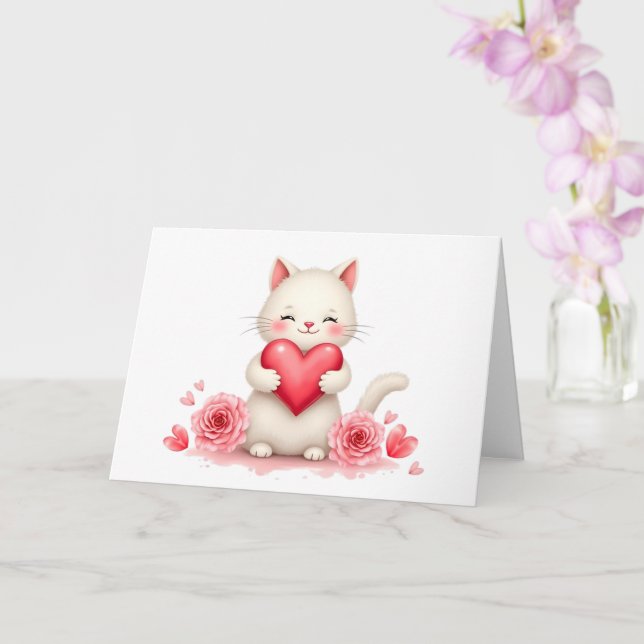 Carte Doux petit chat blanc avec valentin cœur rouge Bla (Orchidée)