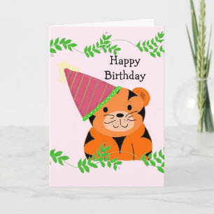 Carte Doux Tigre avec un Chapeau d'Anniversaire