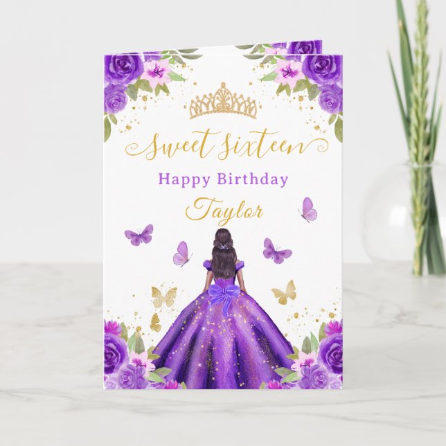 Carte Douze ans charmante Princesse Violette Fille Afro- (Devant)