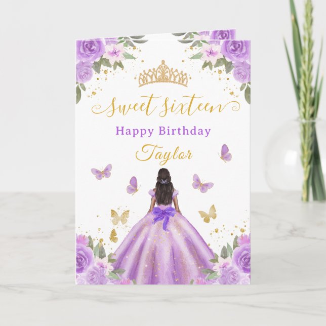 Carte Douze ans charmante Princesse Violette Fille Afro- (Devant)