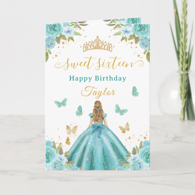 Carte Douze ans douce Princesse Turquoise Blonde Fille (Devant)