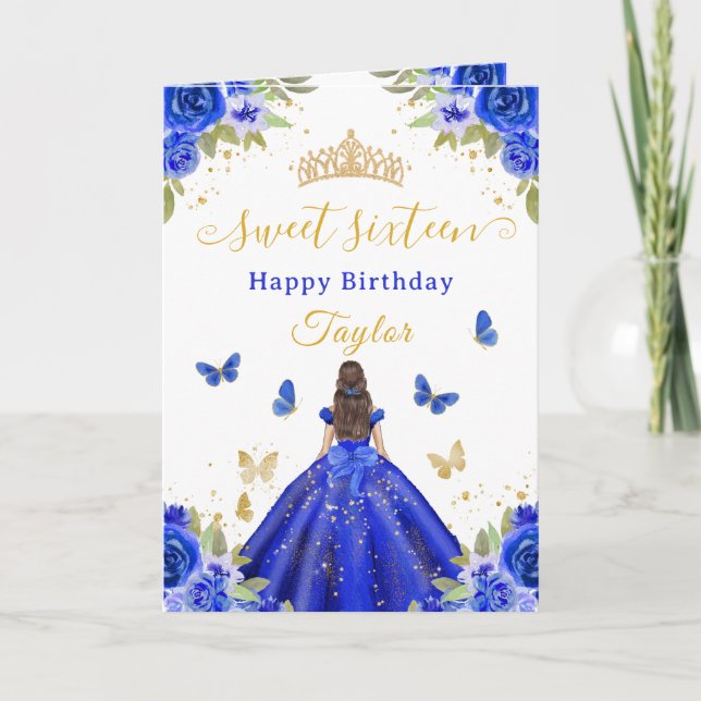 Carte Douze ans, Royale Bleu Princesse Fille Brune (Devant)