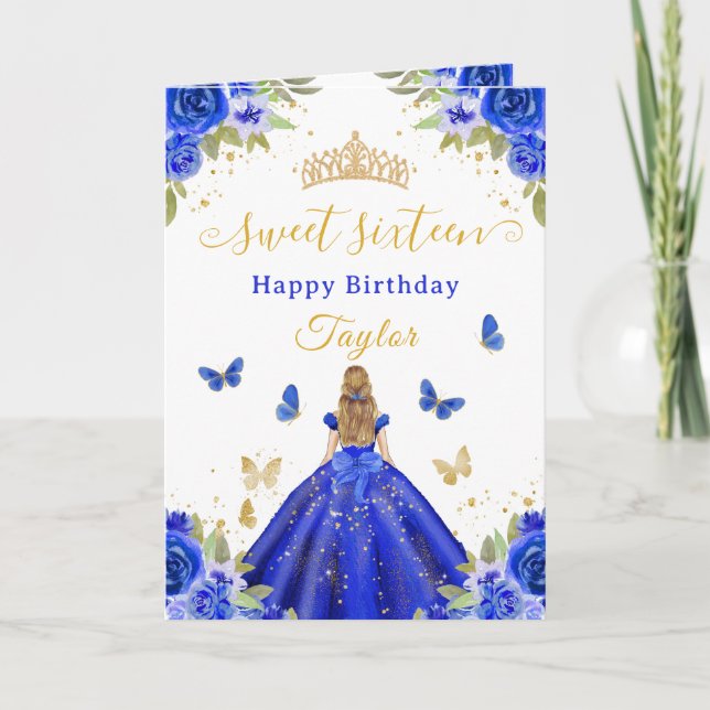 Carte Douze ans, Royale Bleue Princesse Blonde Fille (Devant)
