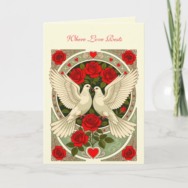 Carte Doves blanches et roses rouges Art nouveau (Devant)