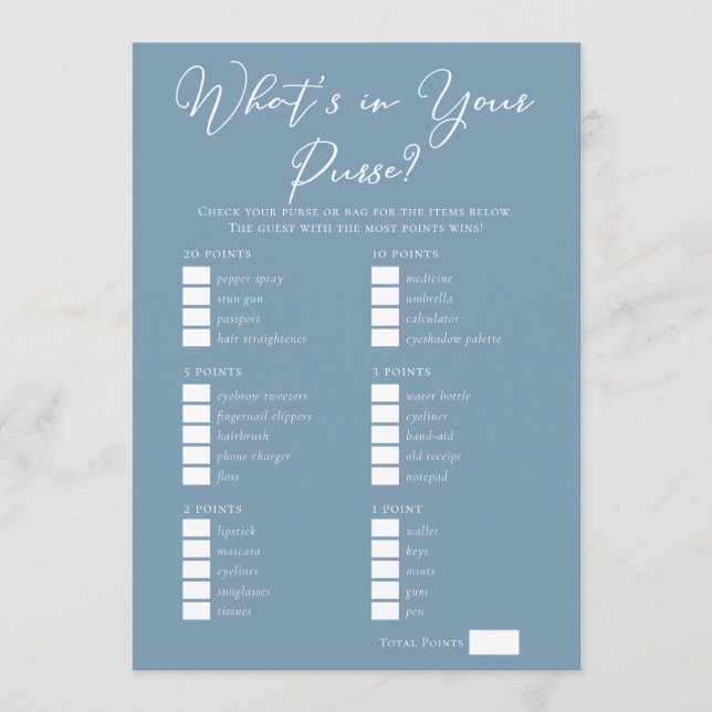 Carte Downloadable Blue Purse Bridal Shower Game (Devant)