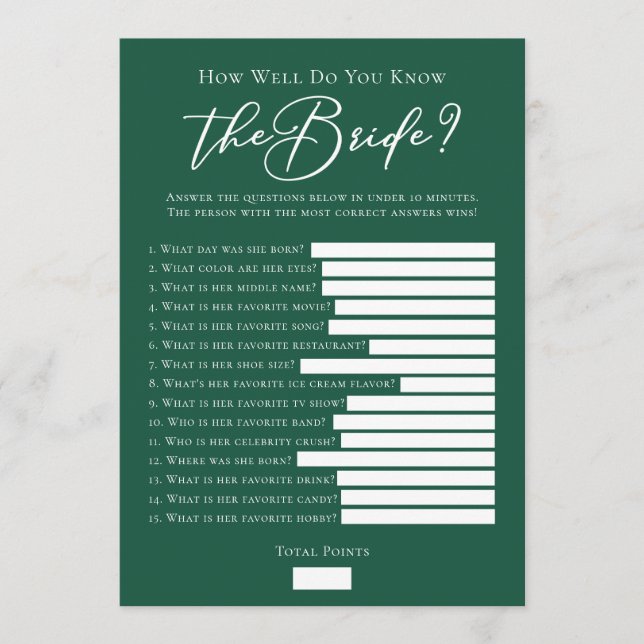 Carte Downloadable Green Bride Facts Shower Game (Devant)