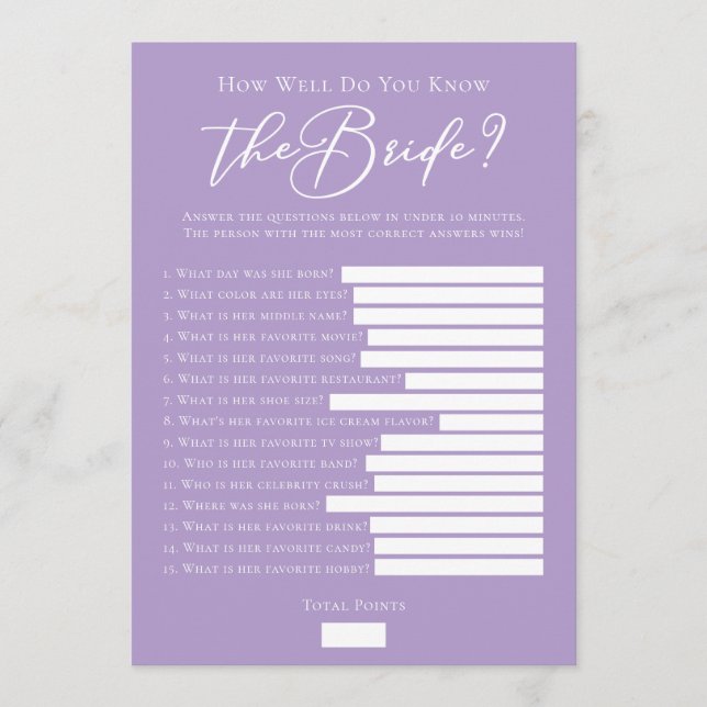 Carte Downloadable Lilac Purple Bride Facts Shower Game (Devant)