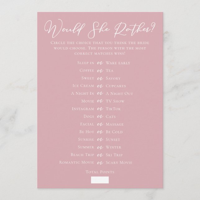 Carte Downloadable Pink Bridal Shower Guess Game (Devant)